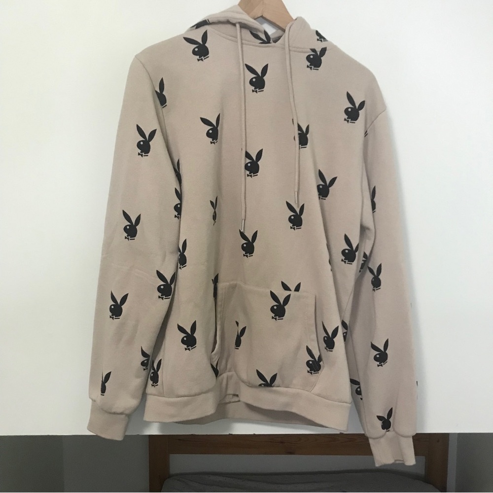 Playboy Hoodie Size Small Oversized Beige Fleece